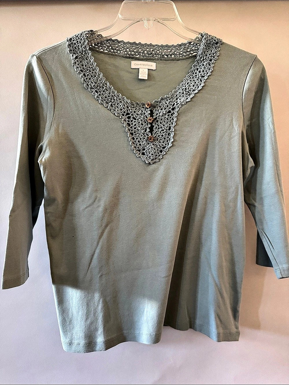 Charter Club Crochet Neck 100% Cotton 3/4 Length Sleeve Top in Green Blue Size L